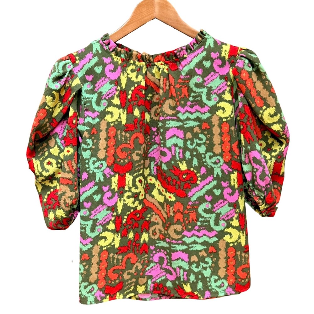 Michelle McDowell Top Women S Green Abstract Puff Sleeve Ruffle Neck Blouse